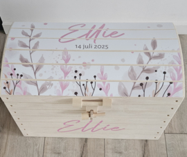 Houten speelgoedkist met naam Leaves Pink