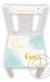 Stoeltje met naam en Maan aquarel blauw