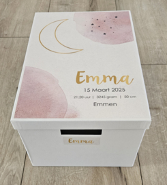 Bewaardoos  met geboortegegevens en maan-aquarel roze