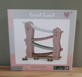 ''Label Label'' houten autoglijbaan roze (met geboortegegevens)