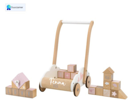 Label Label houten loopwagen met blokken roze ( met naam)