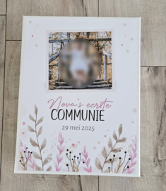 Communiedoos met naam en ''foto leaves pink''