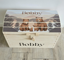 Houten speelgoedkist met naam Familie Beer