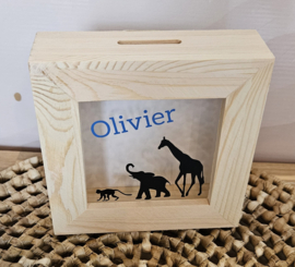houten/ plexiglas spaarpot met naam wilde dieren