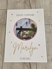 Communiedoos met naam en ''foto pink hartjes''