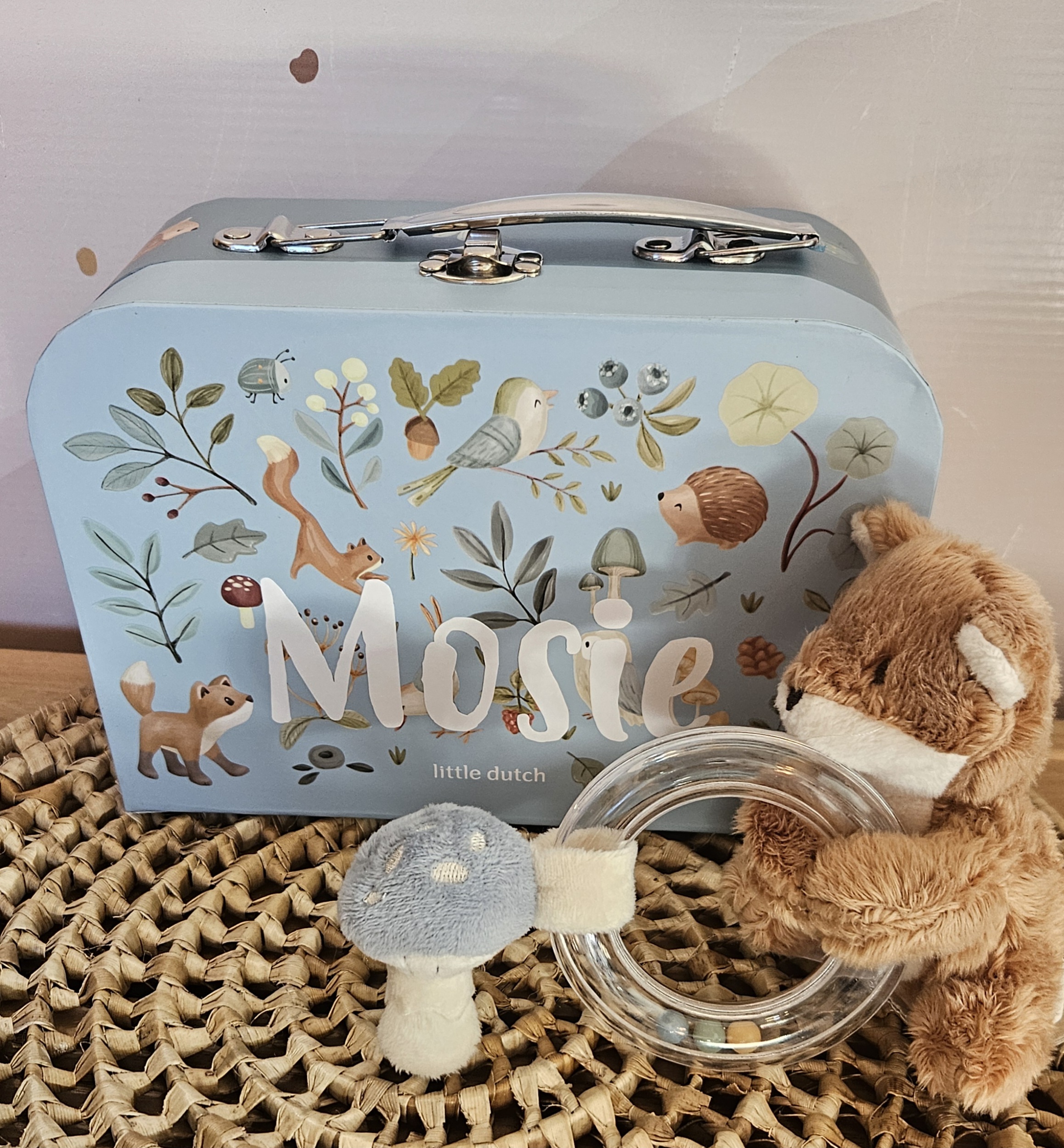 Little Dutch koffertje Forest Friends met ringrammelaar en naam