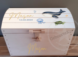 Naturel houten speelgoedkist met naam 'Oceaan'