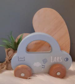 ''Label Label'' houten auto met handvat blauw (met naam)