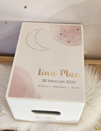 Houten herinneringskist  met Maan-aquarel roze