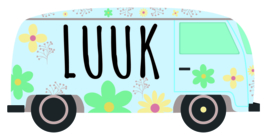 Raamsticker met naam 'flower power busje' blauw