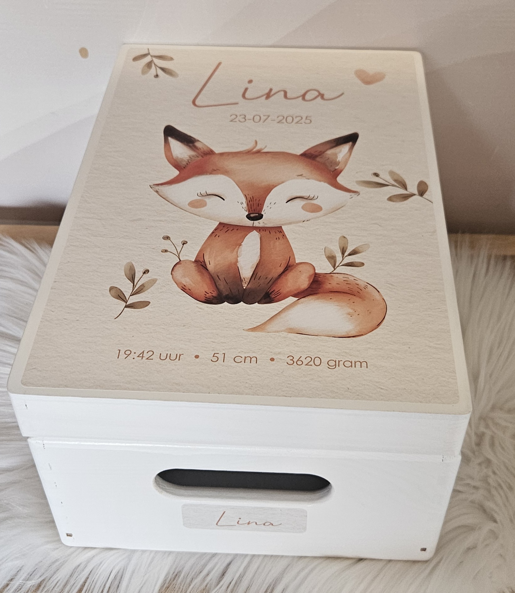 Houten herinneringskist met naam Schattig vosje