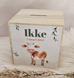 houten spaarpot met naam  en schattige koe
