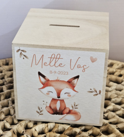houten spaarpot met naam  en schattig vosje