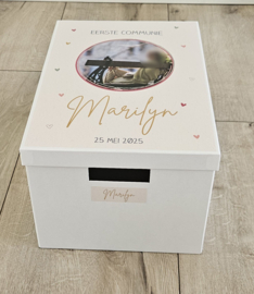 Communiedoos met naam en ''foto pink hartjes''