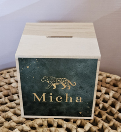 houten spaarpot met naam  cheetah