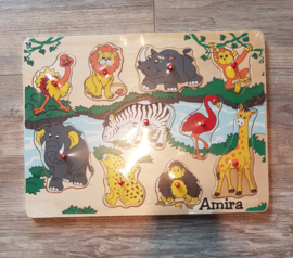 Houten puzzel wilde dieren / rivier plastic knop (met naam)