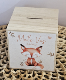 houten spaarpot met naam  en schattig vosje