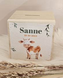 houten spaarpot met naam  en schattige koe