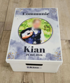 Communiedoos met naam en ''foto aquarel blauw''