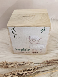 houten spaarpot met naam  schaapje
