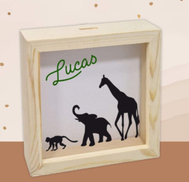 houten/ plexiglas spaarpot met naam wilde dieren