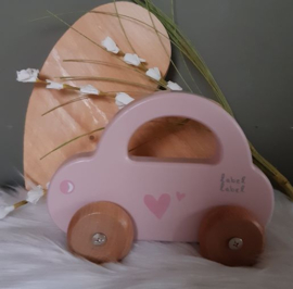 ''Label Label'' houten auto met handvat roze (met naam)