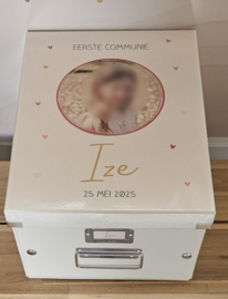 Communiedoos met naam en ''foto pink hartjes''