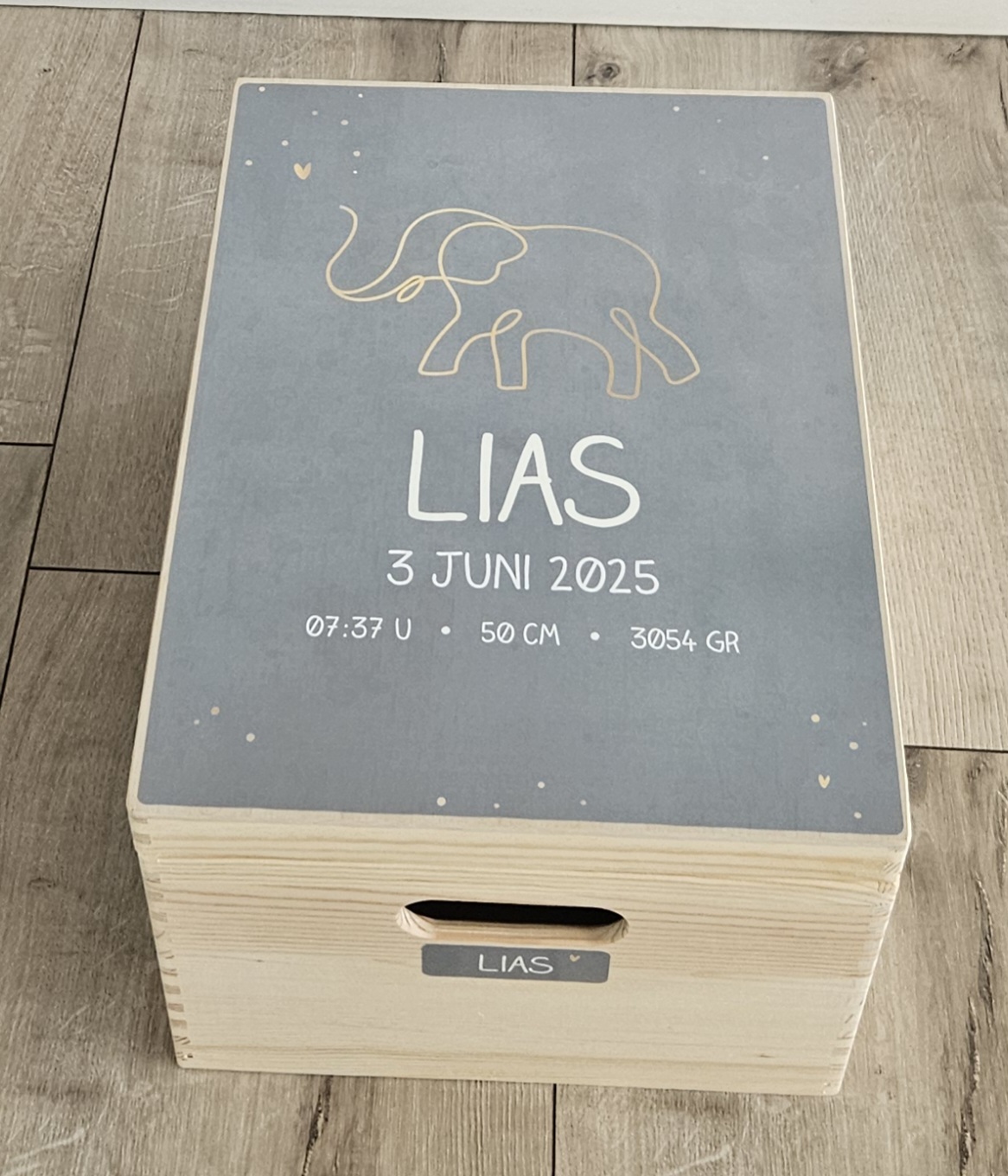 Houten herinneringskist met naam Olifant Silhouette