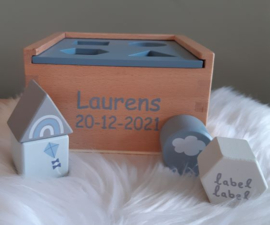 "Label Label'' houten vormen sorteerdoos blauw (met naam)