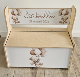 Houten zitbankje met rugleuning en Geboortekaartje