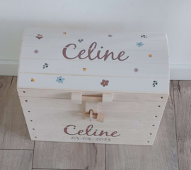 Houten speelgoedkist met naam 'Bloemenprint beige'