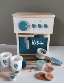 ''Label Label'' houten espresso machine blauw (met naam)