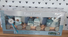 ''Label Label'' houten blokkentrein blauw-grijs (met naam)