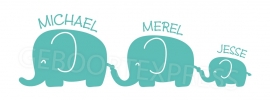 Autosticker Olifantjes gezin met namen - aantal olifantjes naar keuze