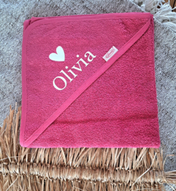 Badcape / omslagdoek met naam donker roze