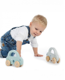Label Label houten auto met handvat blauw met naam