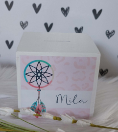 houten spaarpot met naam  en dromenvanger