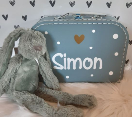 Koffertje met dots en naam en Happy Horse knuffelkonijn jongen