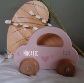 ''Label Label'' houten auto met handvat roze (met naam)