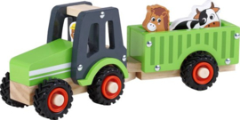 Houten tractor groen met aanhanger (met naam)