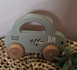 Label Label houten auto met handvat olijf met naam