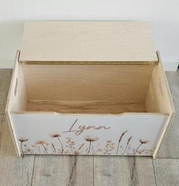 Grote houten opbergkist-zitbankje met naam Wildflowers beige