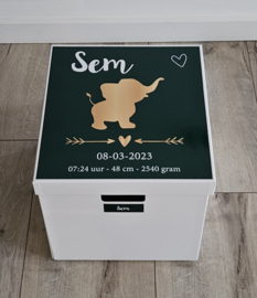 Geboortedoos babyolifantje met geboortegegevens