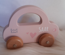 ''Label Label'' houten auto met handvat roze (met naam)