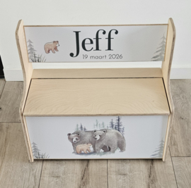 Houten zitbankje met rugleuning en Geboortekaartje