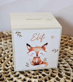 houten spaarpot met naam  en schattig vosje