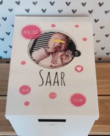 Geboortedoos met foto - roze dots