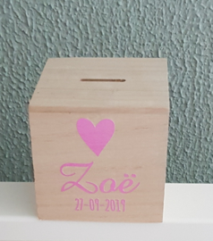 houten spaarpot met naam en hart