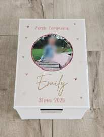 Communiedoos met naam en ''foto pink hartjes''