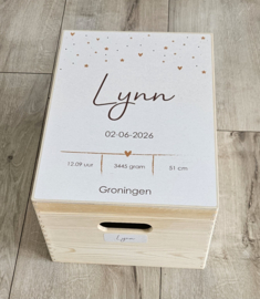 Houten herinneringskist met geboortegegevens -Hartjes en Sterretjes